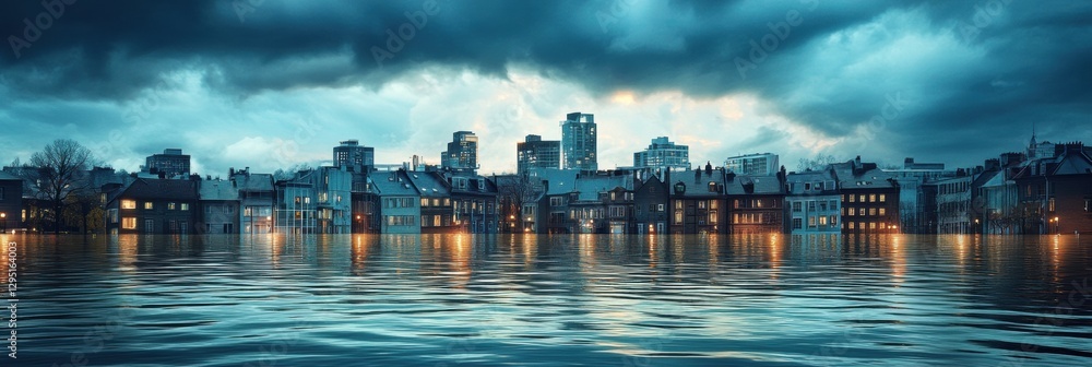 Poster urban landscape submerged underwater with rooftops visible during dramatic lighting and open sky at 