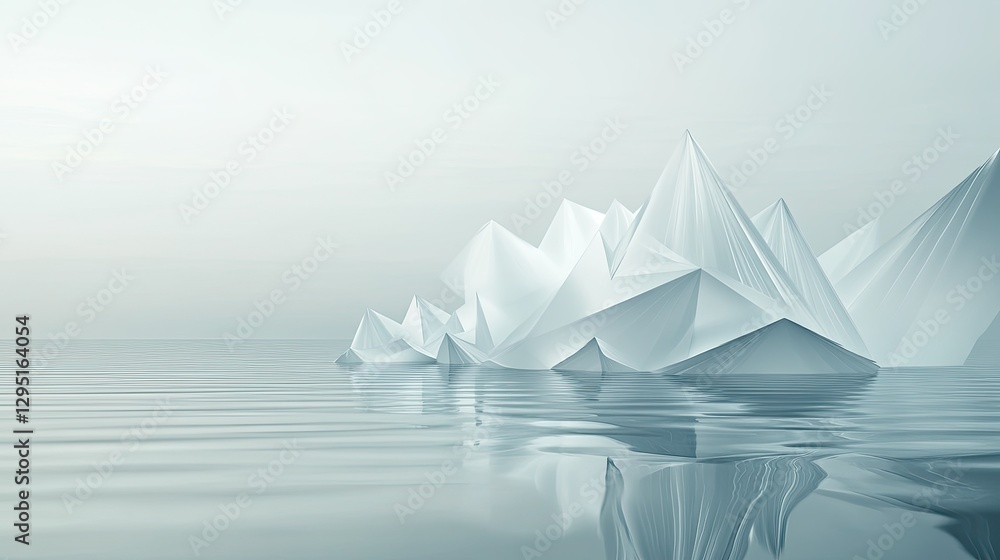 Poster a 3d abstract minimalist scene with white geometric triangles reflecting in calm water, creating a f