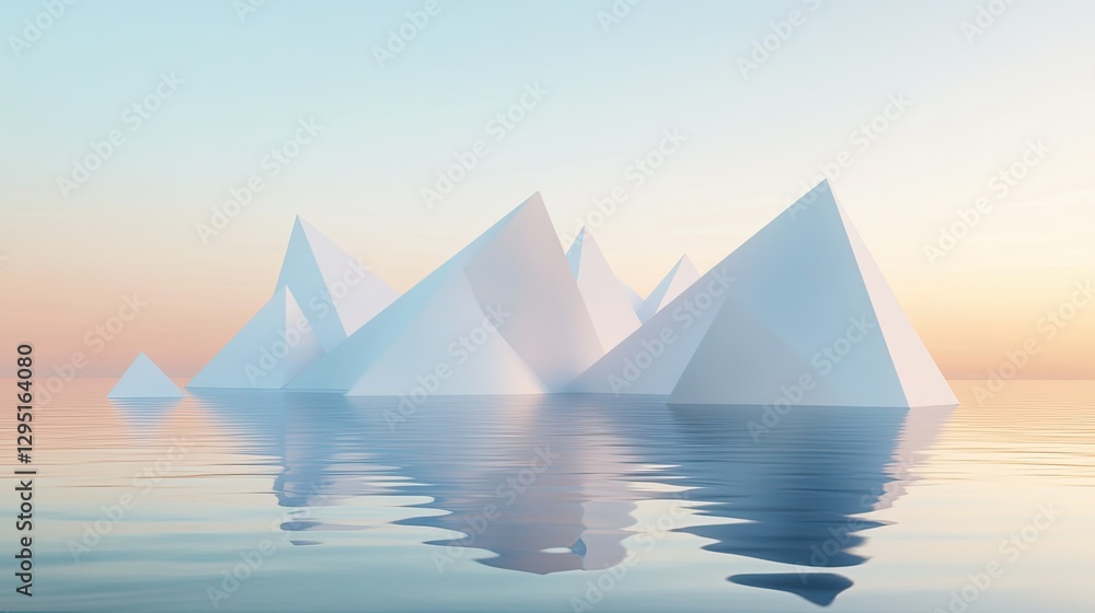 Poster a 3d abstract minimalist scene with white geometric triangles reflecting in calm water, creating a f