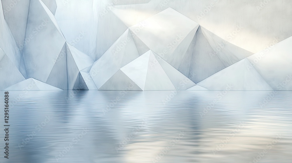 Poster a 3d abstract minimalist scene with white geometric triangles reflecting in calm water, creating a f