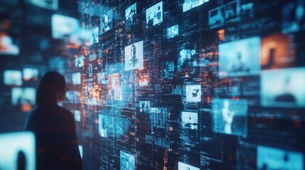 Silhouette facing digital wall of data