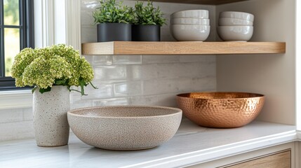Modern kitchen shelves with pottery and bowls