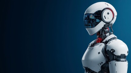 Futuristic humanoid robot with digital display and sleek design against blue backdrop