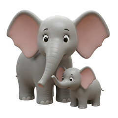 Naklejka premium Adorable Cartoon Mother Elephant Baby Elephant Family Love 3D Cute Gray Pink Care Sweet Happy Child