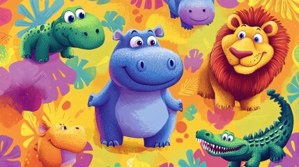 Fototapeta premium Colorful Cartoon Animals on Vibrant Tropical Background Design