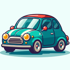 Fototapeta premium Cartoon style illustration of a vintage compact car with a red roof and vibrant turquoise body, suitable for children's books and educational resources.