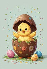 A little yellow chick coming out of a chocolate Easter egg