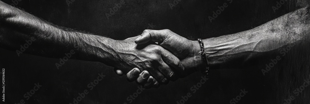 Poster grunge style handshake between two individuals expressing unity and strength in a dimly lit environm