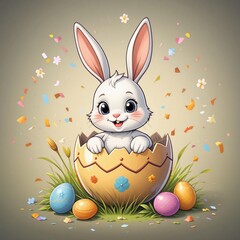 A white bunny with big ears coming out of an Easter egg