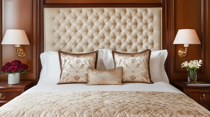 A charming bedroom with a plush headboard, decorative pillows, and warm lighting.