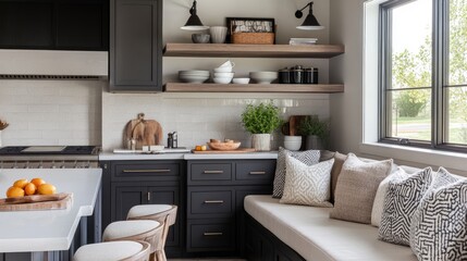 A charming urban kitchen with a breakfast nook and creative storage ideas.