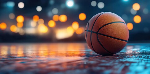 orange basketball ball with lighting bokeh in gym