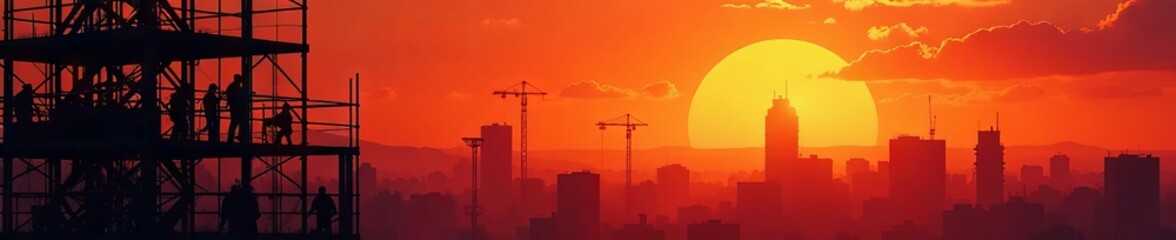 Naklejka premium Silhouetted figures on high scaffolding, fiery sunset backdrop, gold, elevated