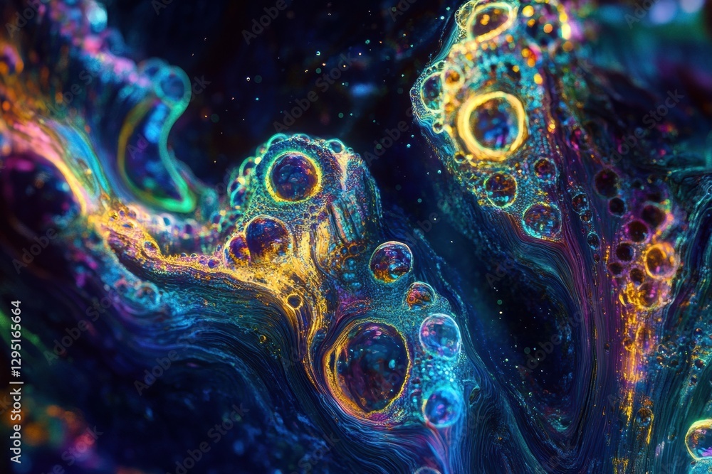 Poster glowing gas bubbles create mesmerizing patterns in the depths of an underwater world during twilight
