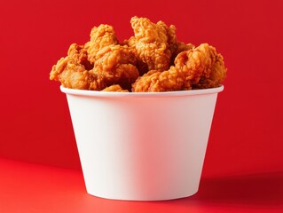 fried chicken in a pure white bucket with French fried in clean red background