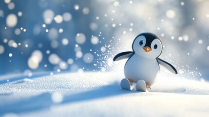 Cute penguin skiing on snowy landscape