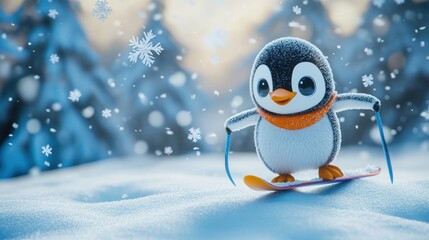 Cute penguin skiing in snowy forest