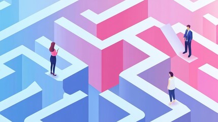 Isometric illustration of people navigating a complex maze, symbolizing challenges and problem-solving in business.