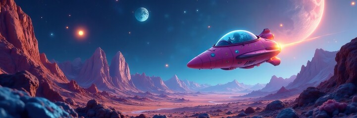 Cute spaceship and alien creatures floating in cosmic landscape, cute, space creatures
