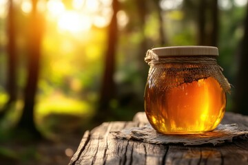 A jar of honey stands on the roof of a hive in the middle of an incredibly beautiful forest.