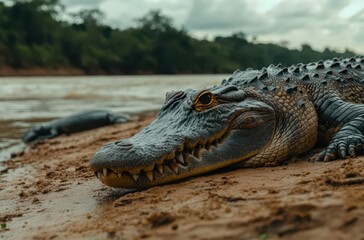 Obraz premium Detailed Close-Up of a Crocodile Lying on the Riverbank Surrounded by Lush Greenery Revealing Unique Textures and Features of Its Scaled Skin