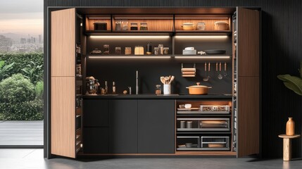A compact yet elegant kitchen with smart storage for cookware and utensils.