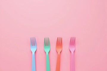 Plastic cutlery forks in colorful on a pink background with copy space