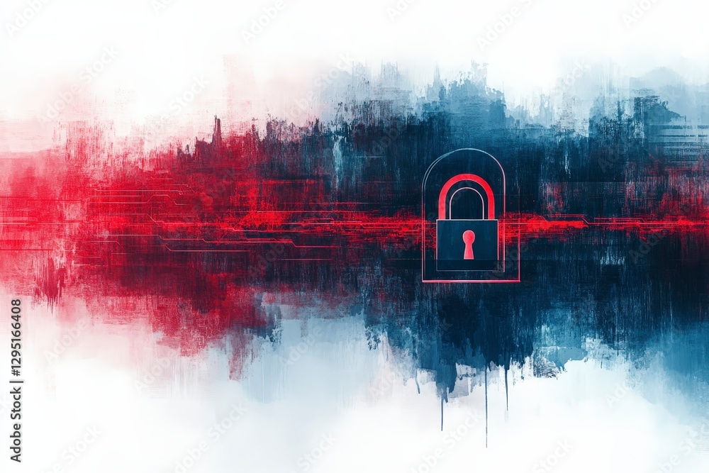 Poster abstract digital art depicting security concepts with padlock and data streams