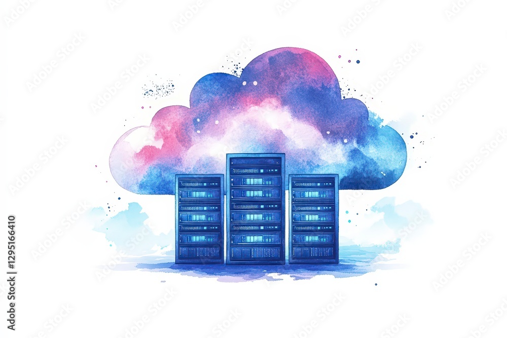 Poster colorful cloud computing concept with server rack and artistic background design