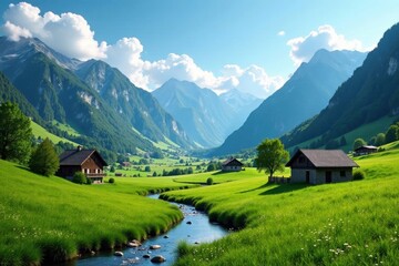 Fototapeta premium Serene Valley Vista Picturesque Cottages Nestled Amongst Lush Green Meadows and Majestic Mountains under a Bright Sunny Sky