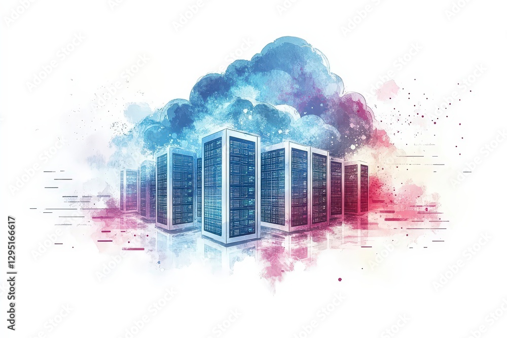 Poster futuristic cloud computing concept with data centers and abstract elements