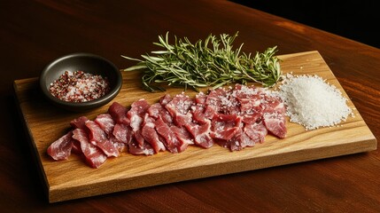 A butcher board with premium cuts of raw meat, coarse salt, and fragrant herbs for a rustic feel.