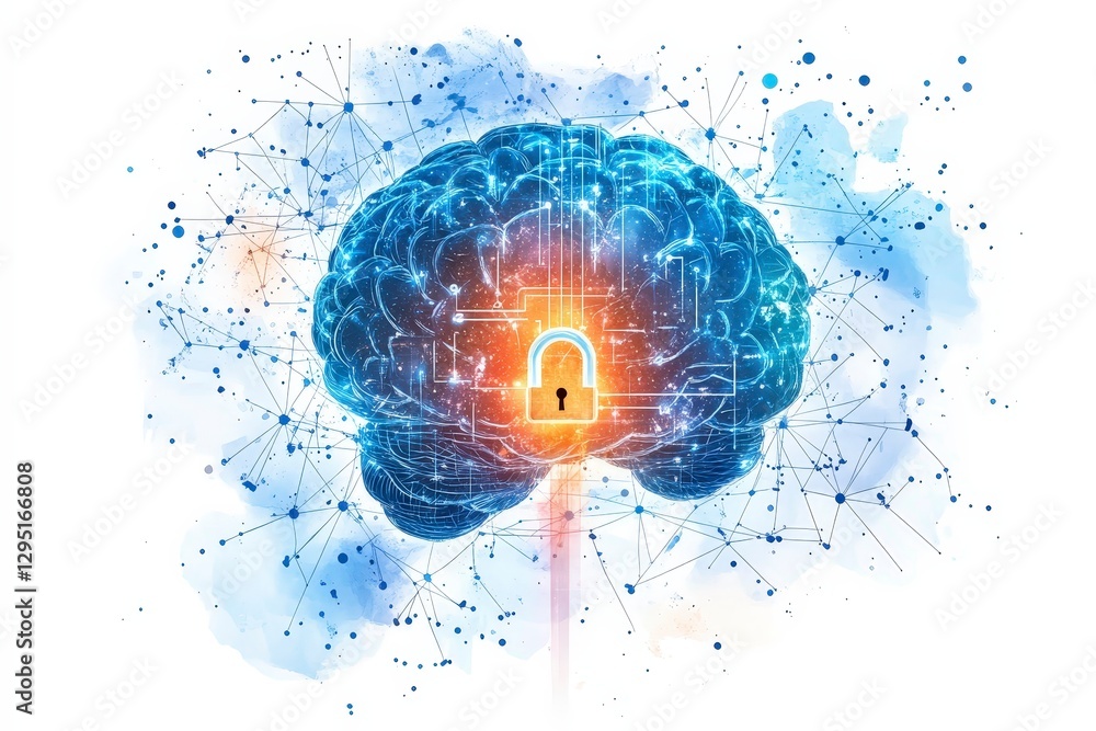 Poster digital brain concept with lock symbol illustrating data security and privacy