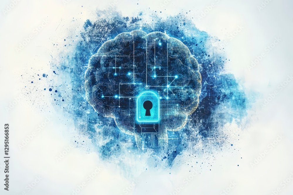 Poster conceptual image of brain with digital lock symbolizing cybersecurity and privacy