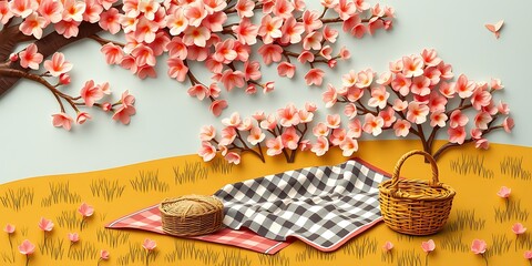 Fototapeta premium A charming picnic scene under blooming pink cherry blossom branches with a checkered blanket and wicker basket on a yellow field.