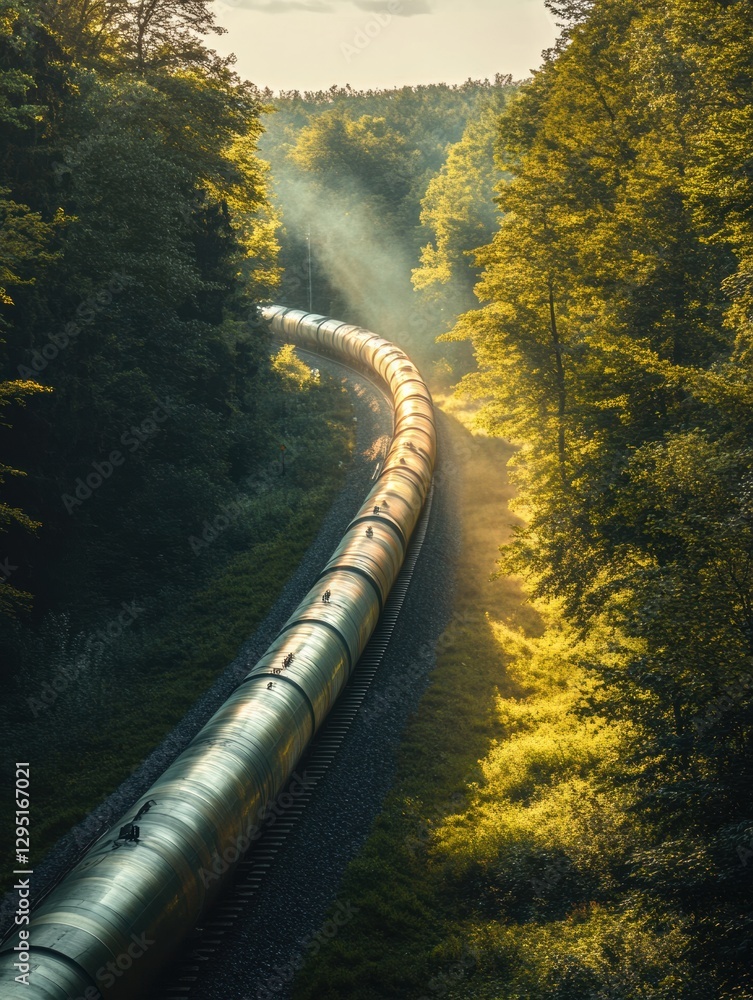 Aufkleber gas pipelines weave through a vibrant green forest during golden hour with soft light filtering thro