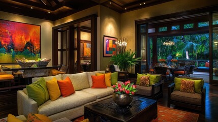 A contemporary living space with a warm-toned couch and soft decorative elements.