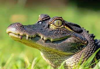 Fototapeta premium Detailed Close-Up of a Reptile with Scaly Skin, Intense Eyes, and Sharp Teeth Surrounded by Green Grass in a Natural Outdoor Habitat
