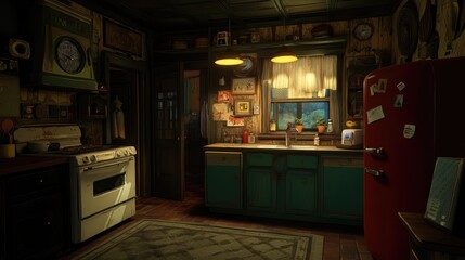 A cozy apartment kitchen with under-counter lighting and artistic touches.