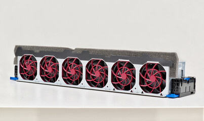 Six fan cage assembly backplane board computer hard drive white isolated.