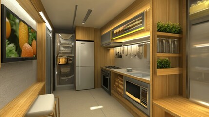 A cozy galley kitchen with compact appliances and creative storage.