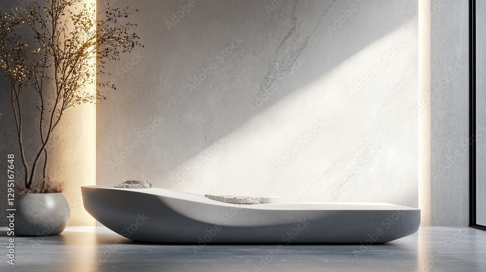 Poster a clean and elegant 3d render of an abstract white geometry scene with a sleek gray podium and soft 