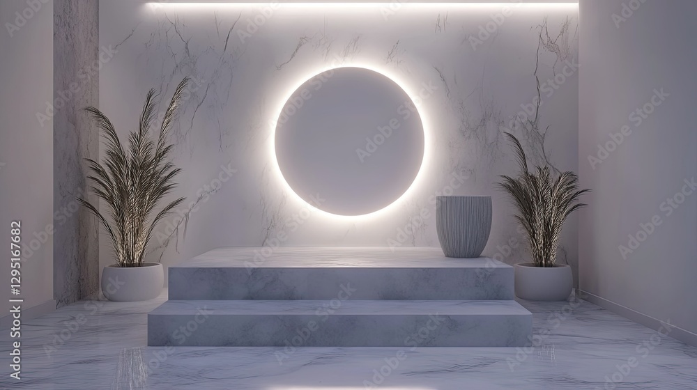 Poster a clean and elegant 3d render of an abstract white geometry scene with a sleek gray podium and soft 