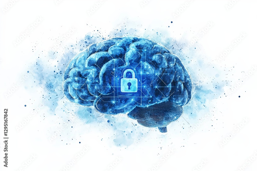 Poster digital brain concept with lock symbolizing data security and privacy protection