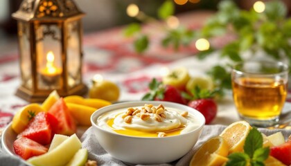 Healthy Iftar Dishes: Greek Yogurt, Fruits, and Warm Drinks