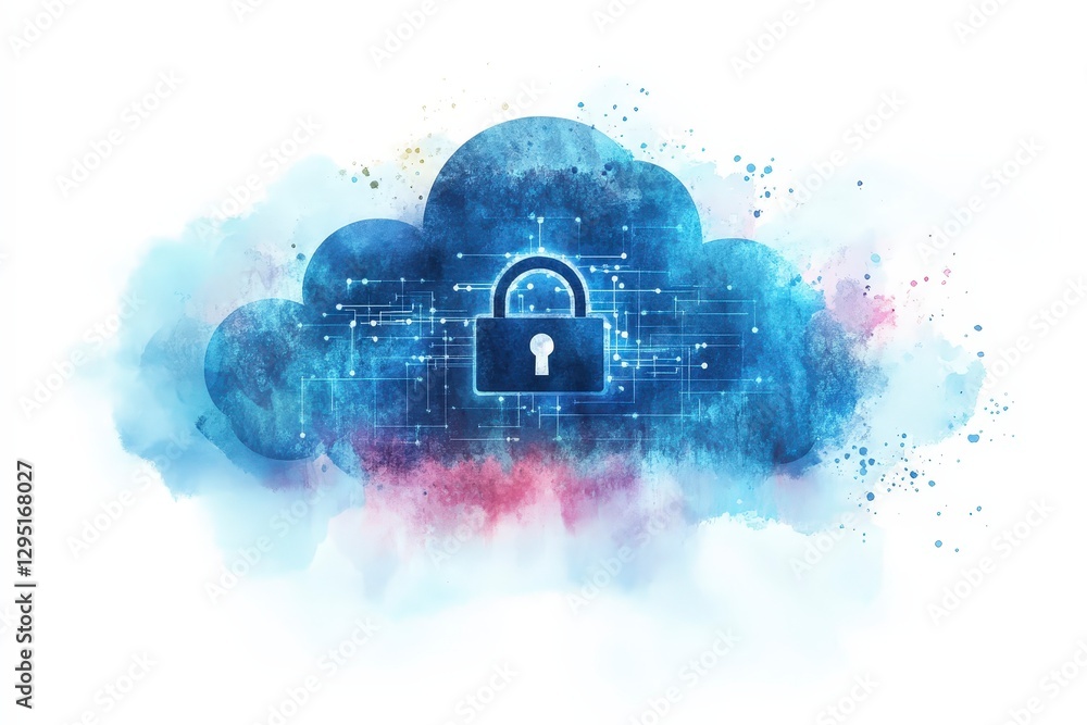Poster secure cloud computing concept with digital lock and abstract blue background