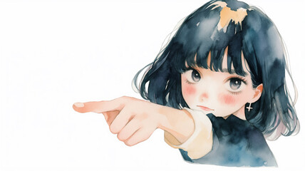 黒髪ロングの女性イラスト｜可愛い笑顔と指差しジェスチャー