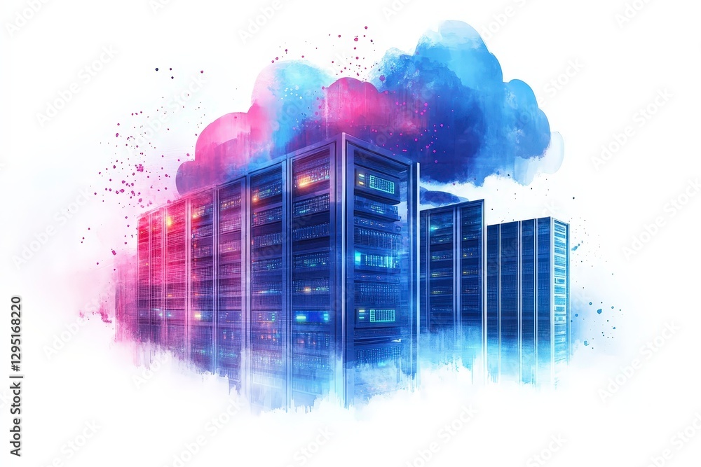 Poster futuristic data center with colorful lighting and artistic cloud background