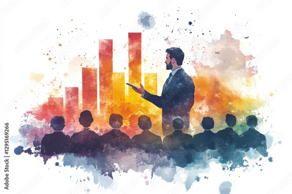Poster business presentation with professional in front of abstract graph and audience