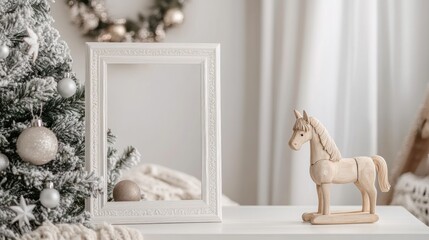 Christmas Decor, Empty Frame, Wooden Horse, Cozy Interior